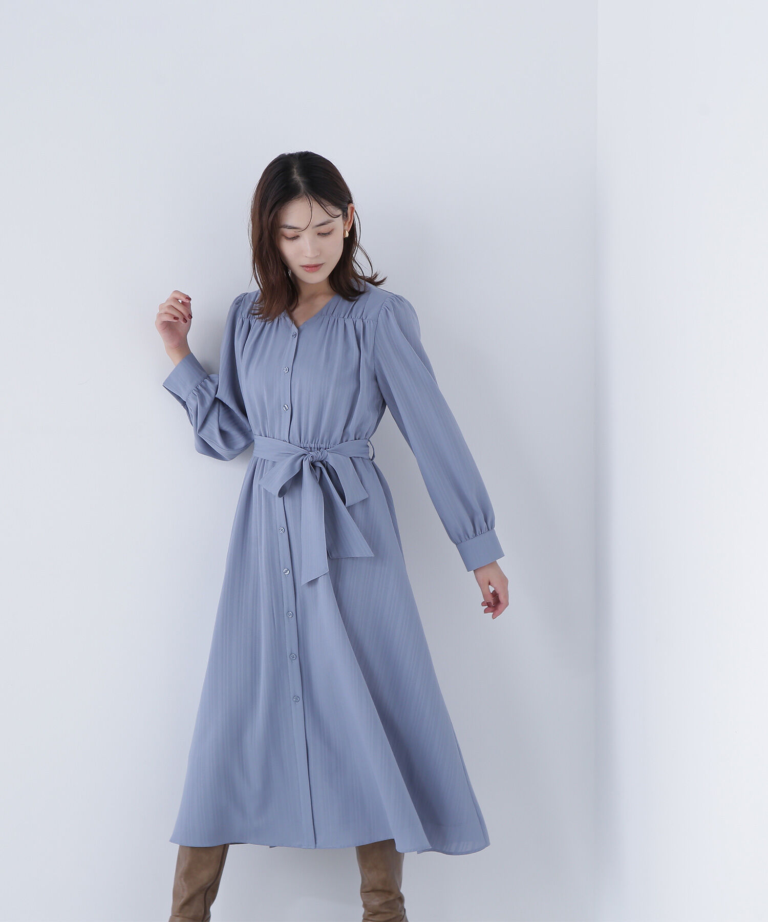  「ベルテッドシャドーストライプワンピース」|ワンピース|