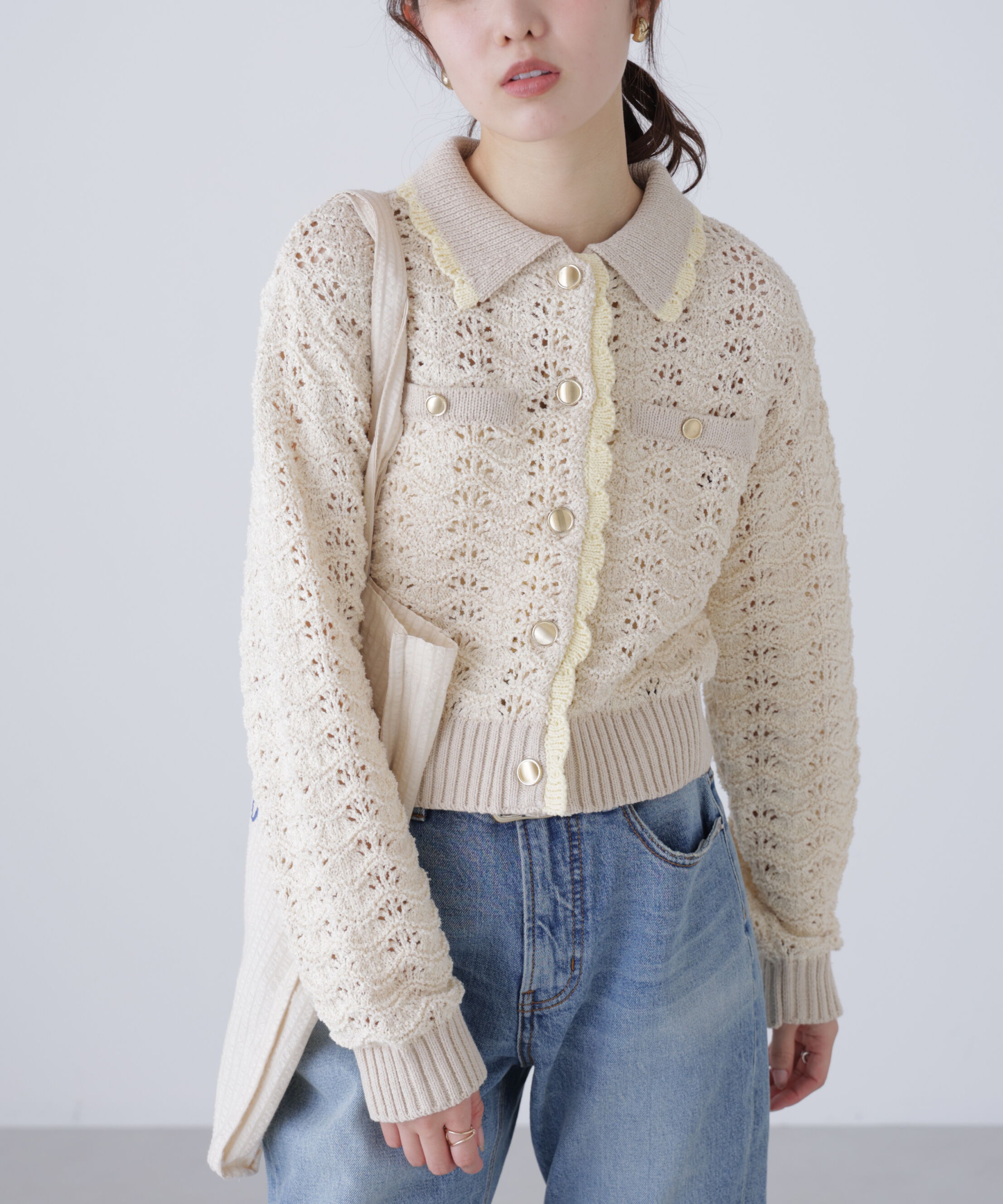  「ミニブークレツィードライク配色ニットカーディガン」|ニット・セーター|