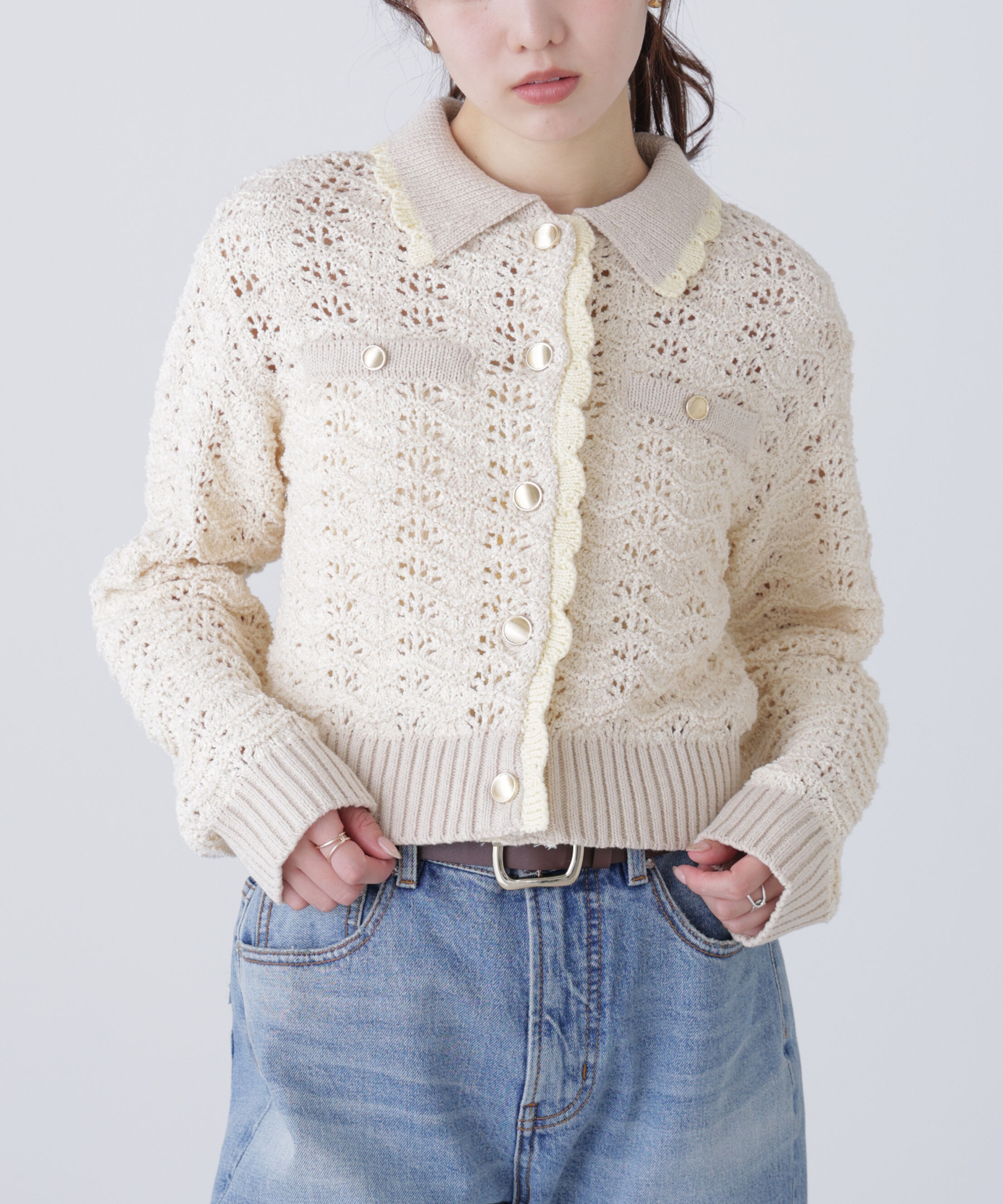  「ミニブークレツィードライク配色ニットカーディガン」|ニット・セーター|