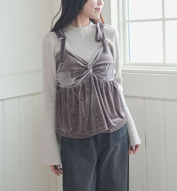 archives「ラインストーンベロアビスチェ&times;フレアリブニットＳＥＴ」|カーディガン|PINK BEIGE