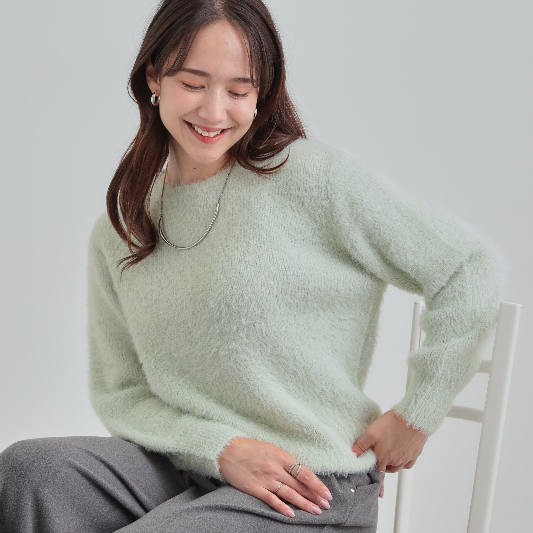 SHOO･LA･RUE「【S-LL】きらっと華やか ふんわりラメフェザーニット」|ニット・セーター|ミントグリーン(02