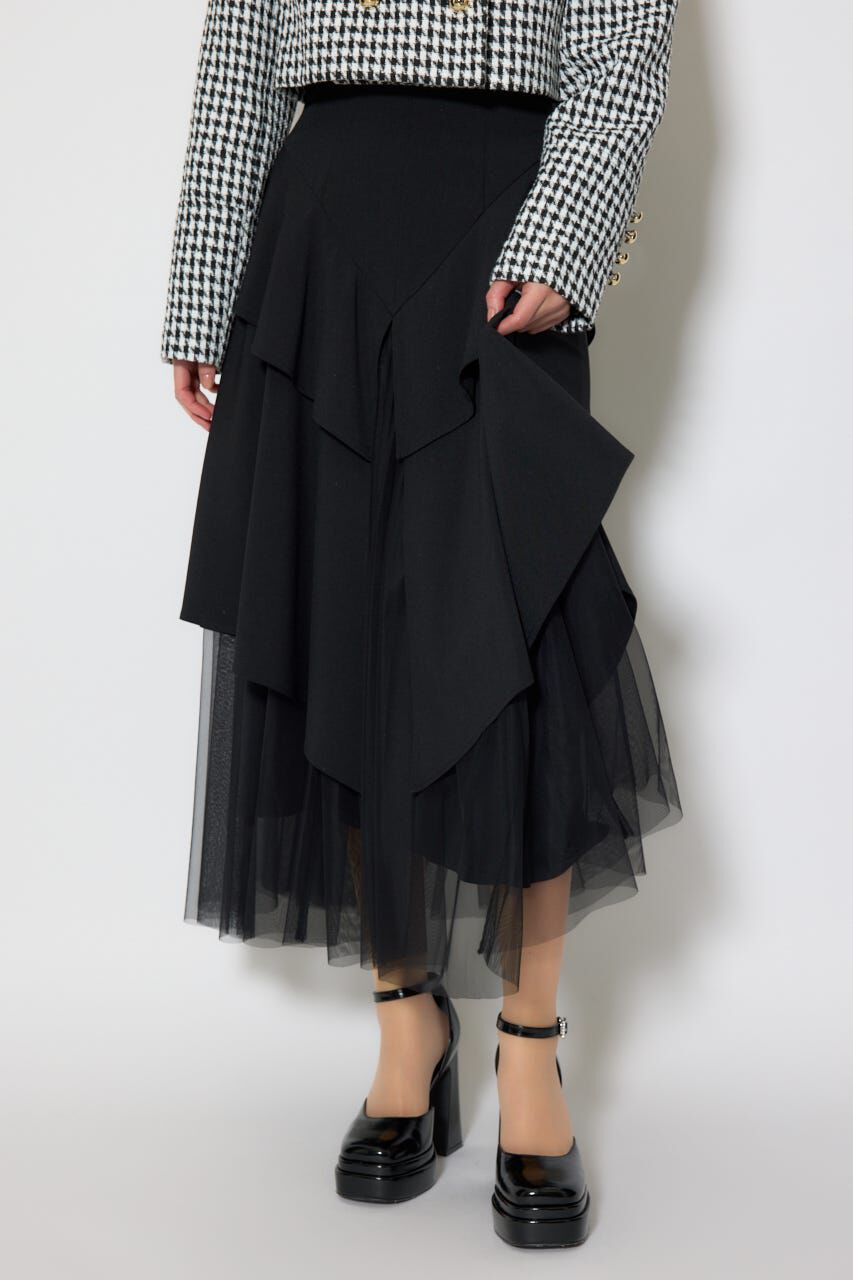 rienda「チュールレイヤードラッフルジャストウエストスカート」|スカート|BLK