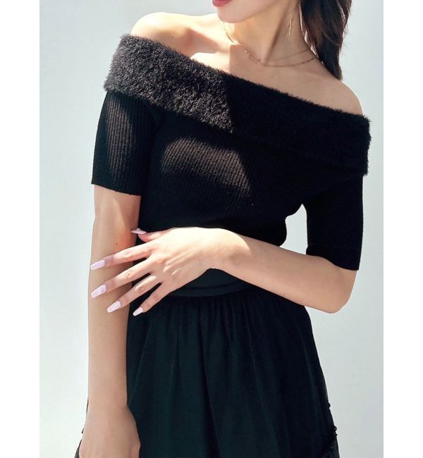 RESEXXY「シャギーコンビオフショルニットトップス」|ニット・セーター|ブラック