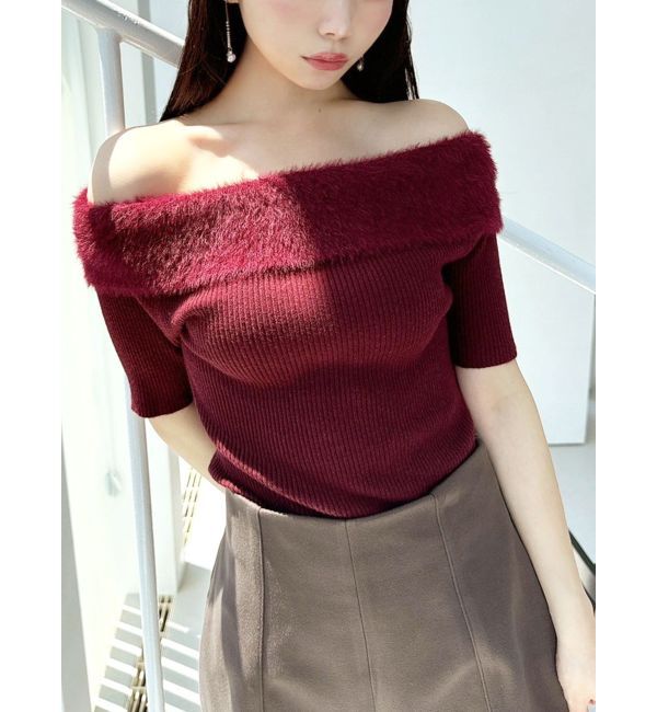 RESEXXY「シャギーコンビオフショルニットトップス」|ニット・セーター|レッド