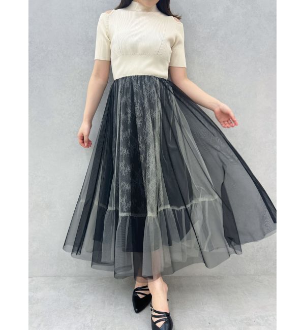 MERCURYDUO「チュールドッキングオープンショルダーワンピース」|ワンピース|アイボリー