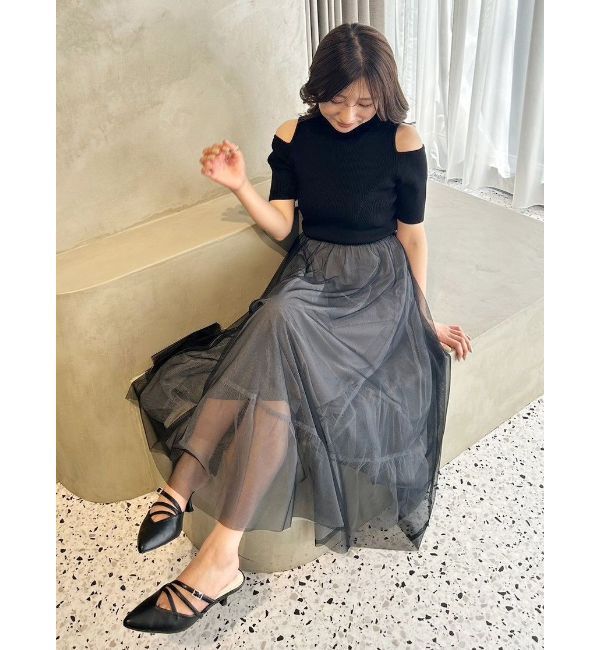 MERCURYDUO「チュールドッキングオープンショルダーワンピース」|ワンピース|