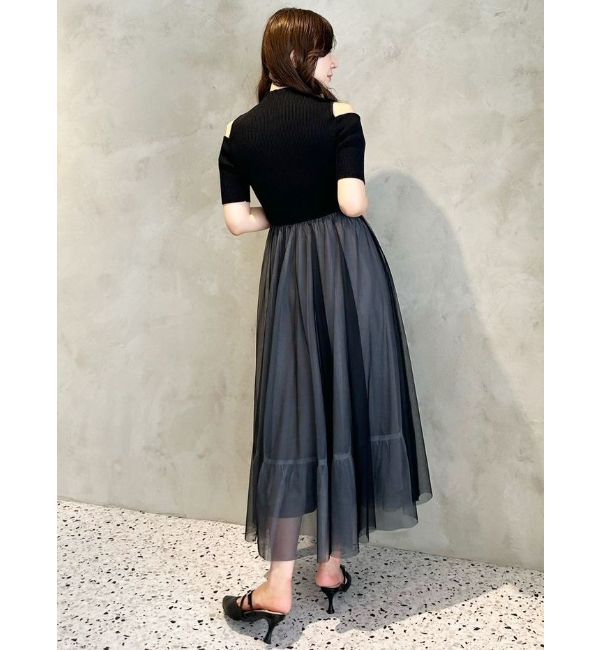 MERCURYDUO「チュールドッキングオープンショルダーワンピース」|ワンピース|