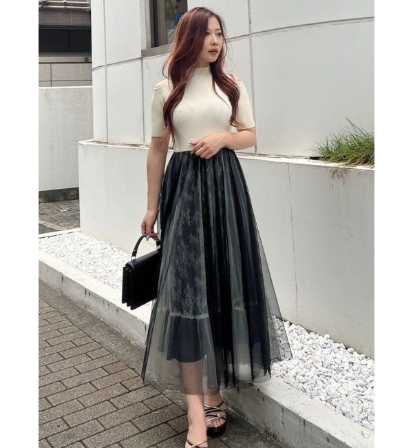 MERCURYDUO「チュールドッキングオープンショルダーワンピース」|ワンピース|