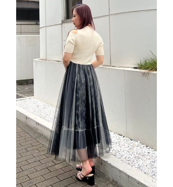 MERCURYDUO「チュールドッキングオープンショルダーワンピース」|ワンピース|