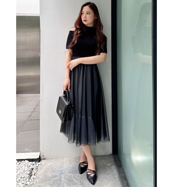 MERCURYDUO「チュールドッキングオープンショルダーワンピース」|ワンピース|