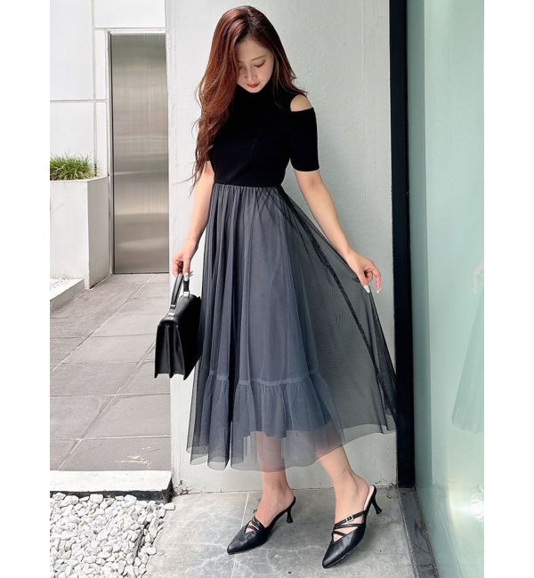 MERCURYDUO「チュールドッキングオープンショルダーワンピース」|ワンピース|