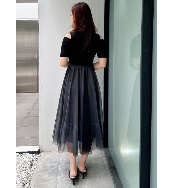 MERCURYDUO「チュールドッキングオープンショルダーワンピース」|ワンピース|