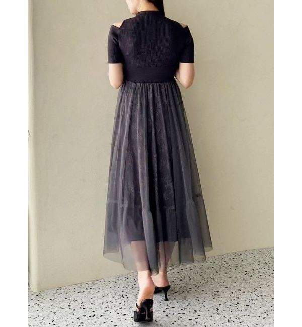 MERCURYDUO「チュールドッキングオープンショルダーワンピース」|ワンピース|