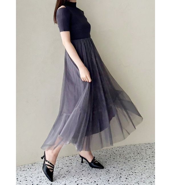 MERCURYDUO「チュールドッキングオープンショルダーワンピース」|ワンピース|