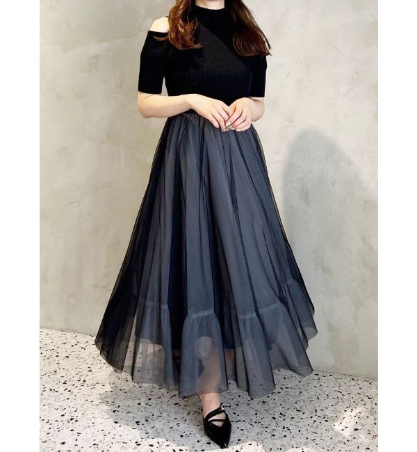 MERCURYDUO「チュールドッキングオープンショルダーワンピース」|ワンピース|ブラック