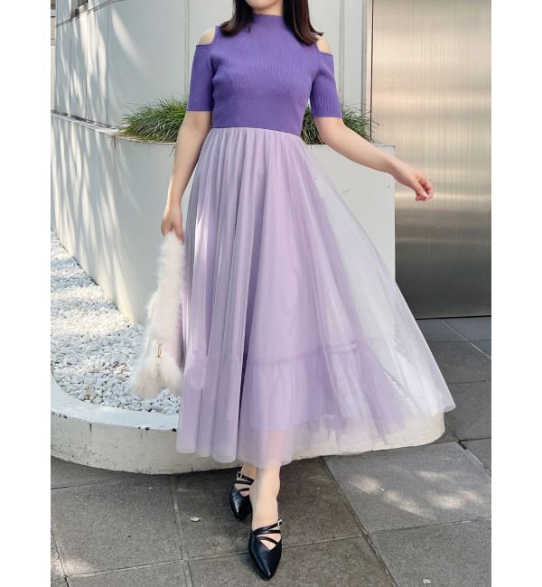 MERCURYDUO「チュールドッキングオープンショルダーワンピース」|ワンピース|パープル