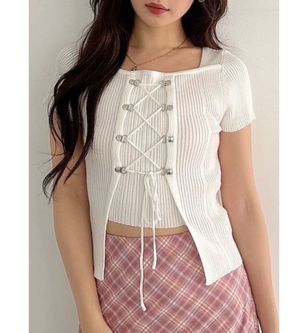 MERCURYDUO「レイヤードライクレースアップニット」|ニット・セーター|