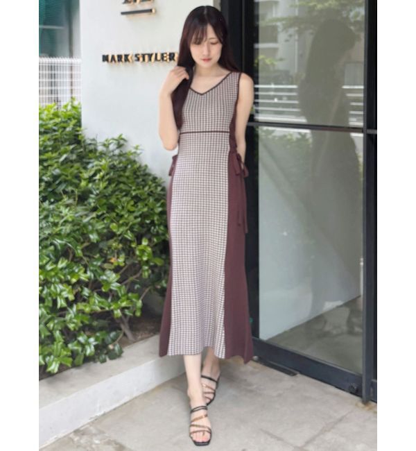 MERCURYDUO「チェックサイドレースアップニットワンピース」|ワンピース|