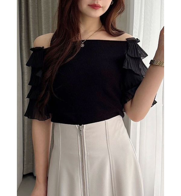 MERCURYDUO「異素材ティアードスリーブニット」|ニット・セーター|ブラック