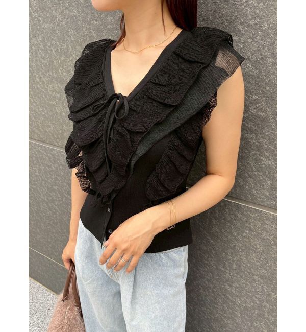 LAGUNAMOON「メッシュフリルノースリニットプルオーバー」|ニット・セーター|ブラック