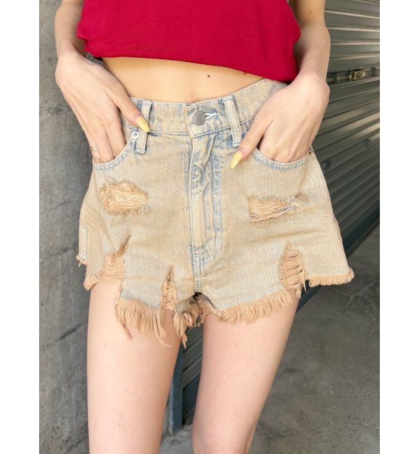 EVRIS「ハイダメージデニムショートパンツ」|デニム|アイスブルー