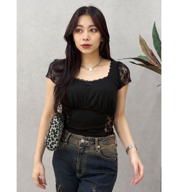 EVRIS「レースドッキングクロップドトップス」|Tシャツ・カットソー|