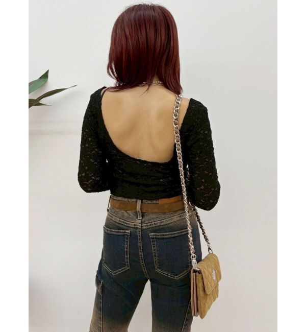 EVRIS「バックオープンレーストップス」|Tシャツ・カットソー|ブラック