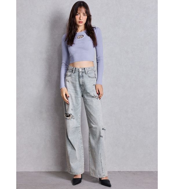 GYDA「ハイウエストGG Stitch Barrel Leg ダメージデニムパンツ」|デニム|