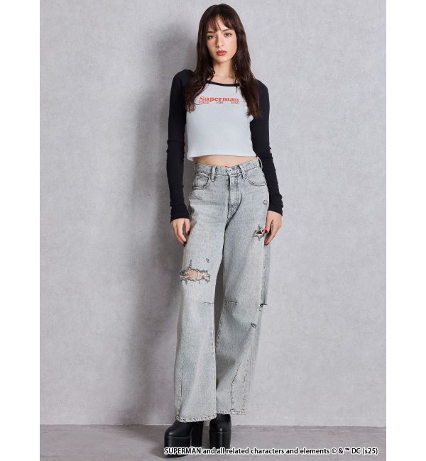 GYDA「ハイウエストGG Stitch Barrel Leg ダメージデニムパンツ」|デニム|