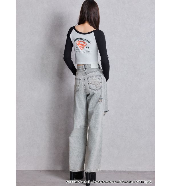 GYDA「ハイウエストGG Stitch Barrel Leg ダメージデニムパンツ」|デニム|