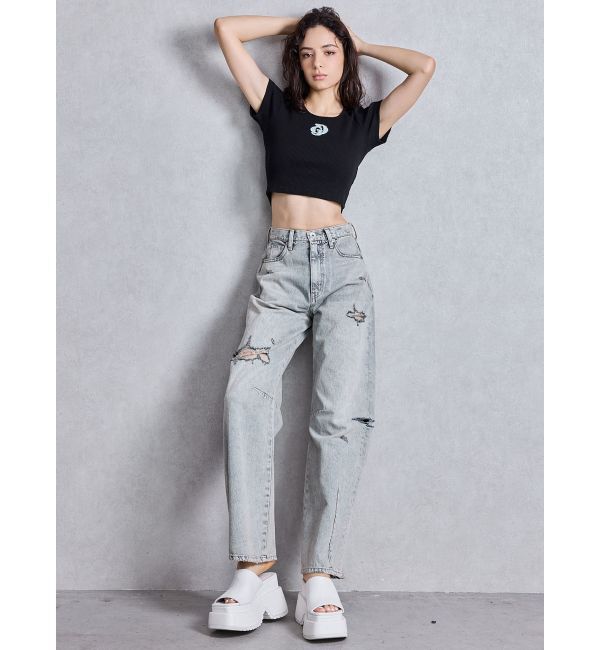 GYDA「ハイウエストGG Stitch Barrel Leg ダメージデニムパンツ」|デニム|
