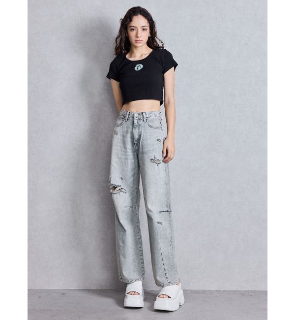 GYDA「ハイウエストGG Stitch Barrel Leg ダメージデニムパンツ」|デニム|