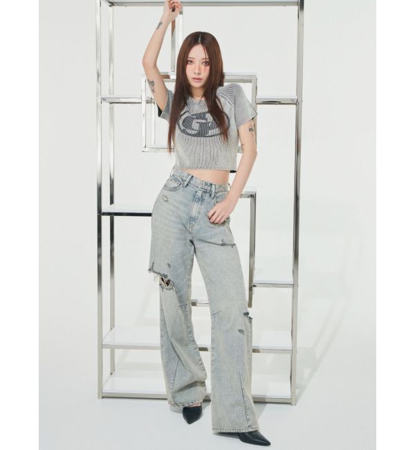 GYDA「ハイウエストGG Stitch Barrel Leg ダメージデニムパンツ」|デニム|