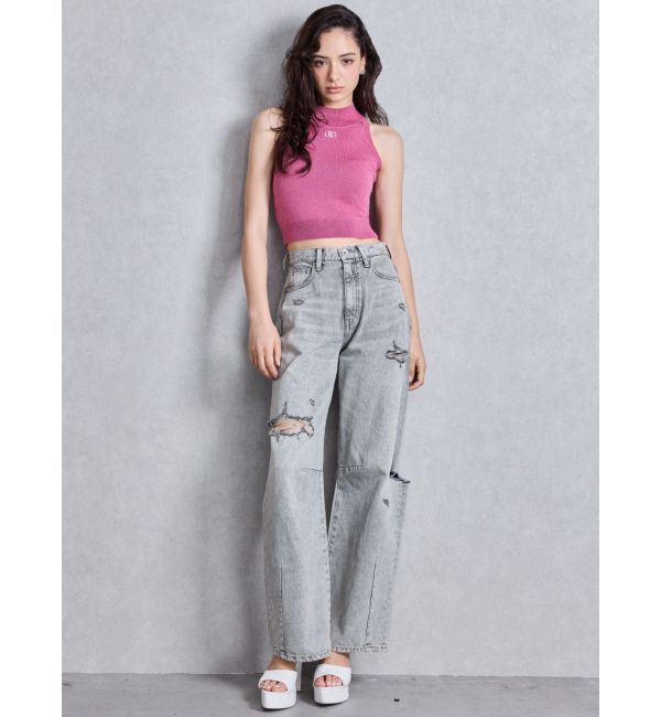 GYDA「ハイウエストGG Stitch Barrel Leg ダメージデニムパンツ」|デニム|