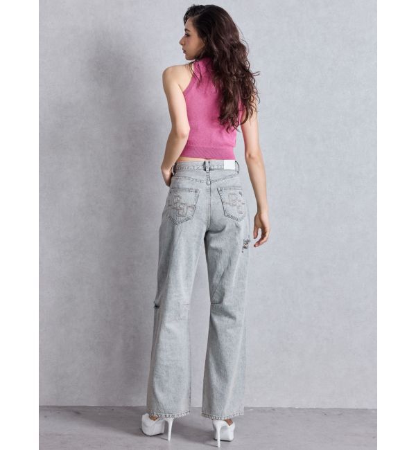 GYDA「ハイウエストGG Stitch Barrel Leg ダメージデニムパンツ」|デニム|