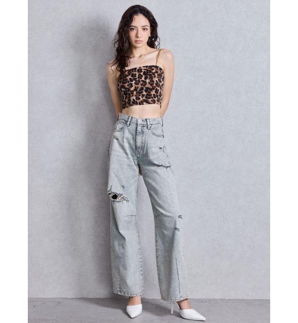 GYDA「ハイウエストGG Stitch Barrel Leg ダメージデニムパンツ」|デニム|