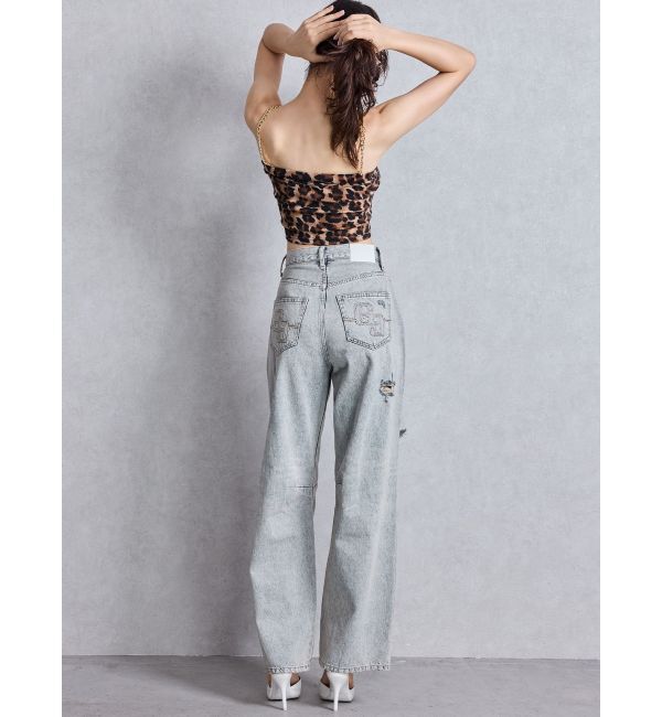 GYDA「ハイウエストGG Stitch Barrel Leg ダメージデニムパンツ」|デニム|