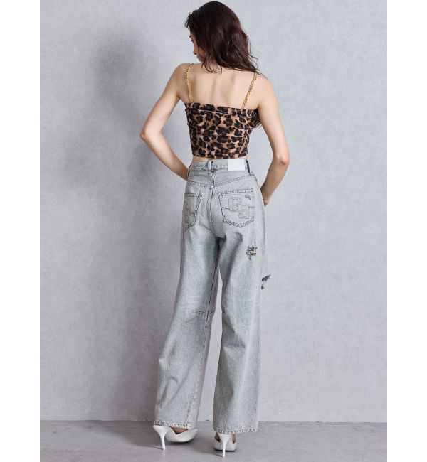 GYDA「ハイウエストGG Stitch Barrel Leg ダメージデニムパンツ」|デニム|