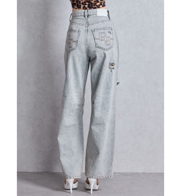 GYDA「ハイウエストGG Stitch Barrel Leg ダメージデニムパンツ」|デニム|