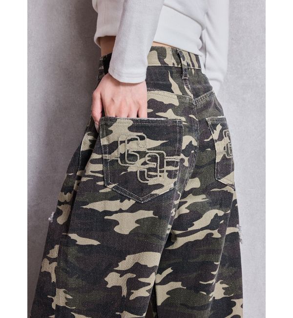 GYDA「ハイウエストGG Stitch Barrel Leg ダメージデニムパンツ」|デニム|