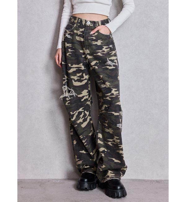 GYDA「ハイウエストGG Stitch Barrel Leg ダメージデニムパンツ」|デニム|