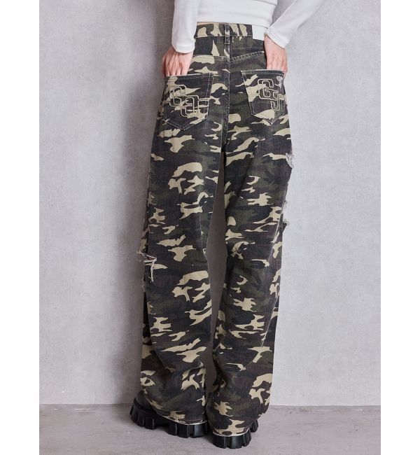 GYDA「ハイウエストGG Stitch Barrel Leg ダメージデニムパンツ」|デニム|