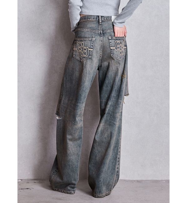 GYDA「ハイウエストGG Stitch Barrel Leg ダメージデニムパンツ」|デニム|