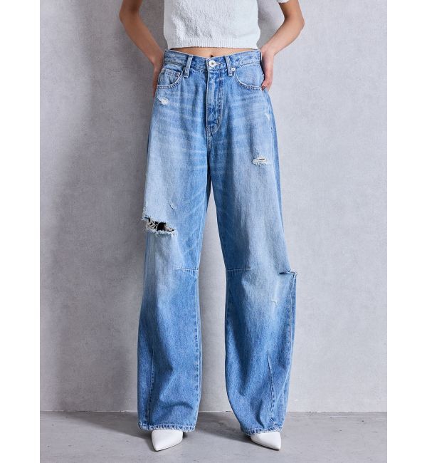 GYDA「ハイウエストGG Stitch Barrel Leg ダメージデニムパンツ」|デニム|