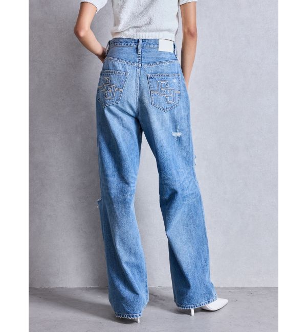 GYDA「ハイウエストGG Stitch Barrel Leg ダメージデニムパンツ」|デニム|