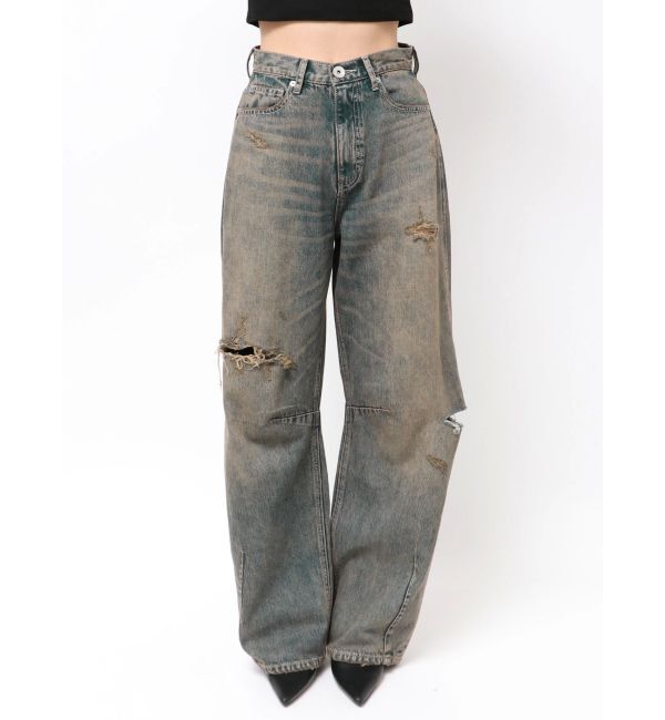 GYDA「ハイウエストGG Stitch Barrel Leg ダメージデニムパンツ」|デニム|