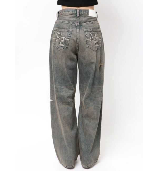 GYDA「ハイウエストGG Stitch Barrel Leg ダメージデニムパンツ」|デニム|