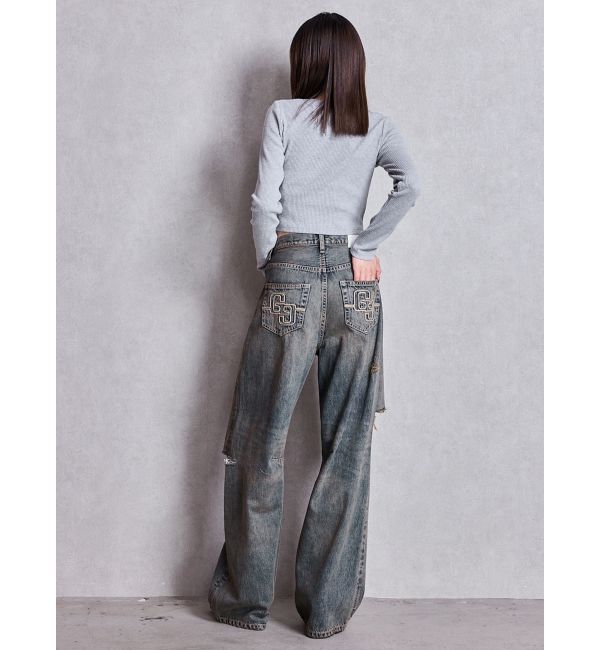 GYDA「ハイウエストGG Stitch Barrel Leg ダメージデニムパンツ」|デニム|