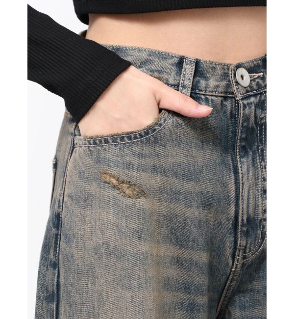 GYDA「ハイウエストGG Stitch Barrel Leg ダメージデニムパンツ」|デニム|