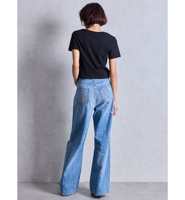 GYDA「ハイウエストGG Stitch Barrel Leg ダメージデニムパンツ」|デニム|